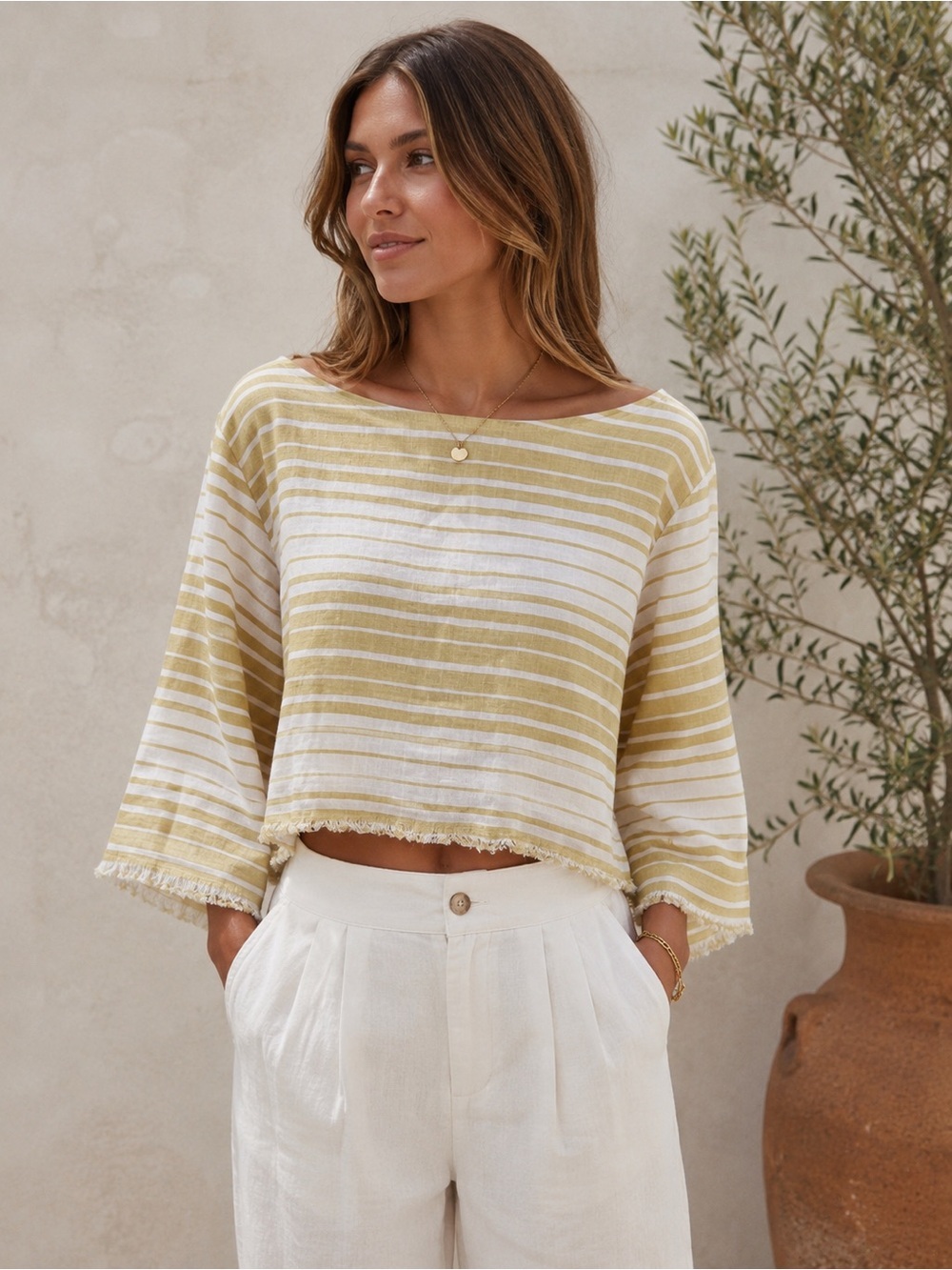 NWT FAITHFULL THE BRAND Jamie Top Beach Stripes White/Beige Size Small